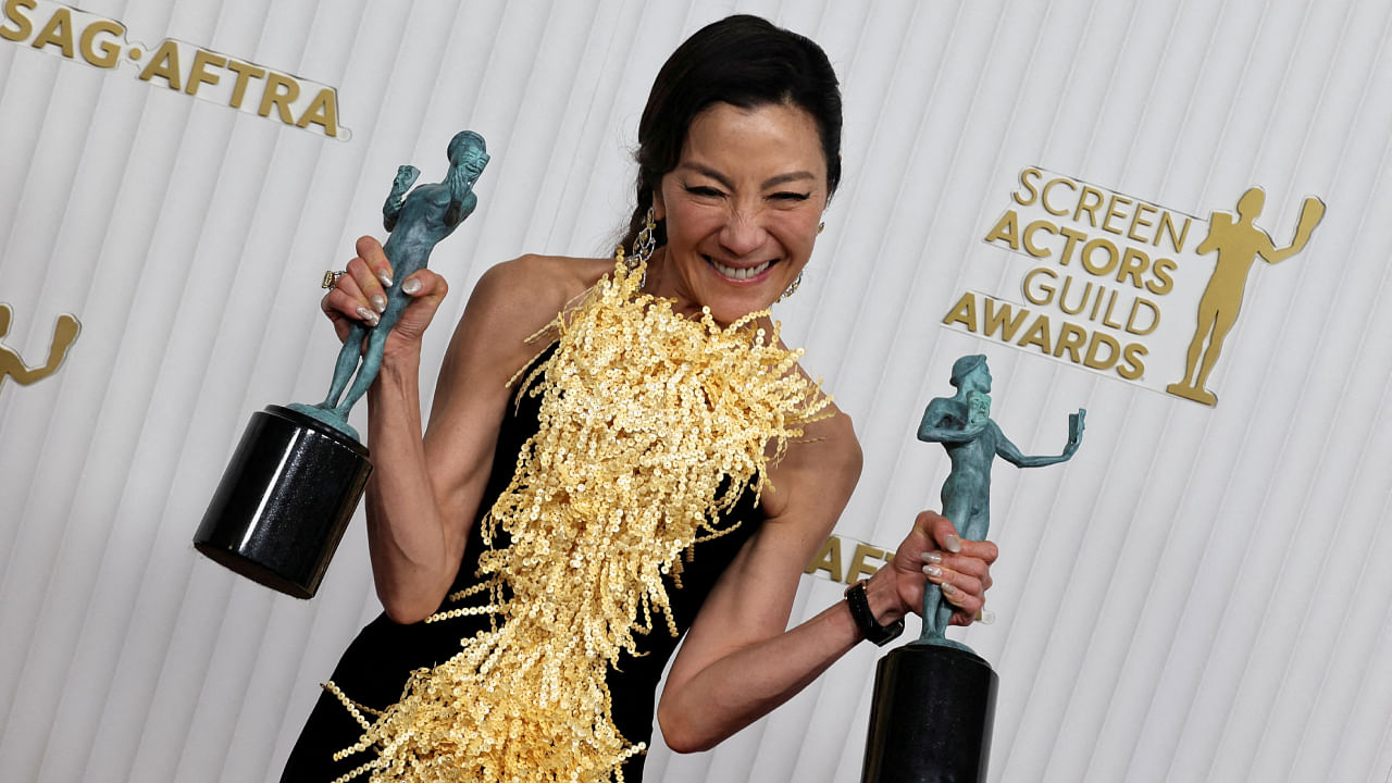 Micheele Yeoh poses with her SAG Awards.. Credit: Reuters Photo