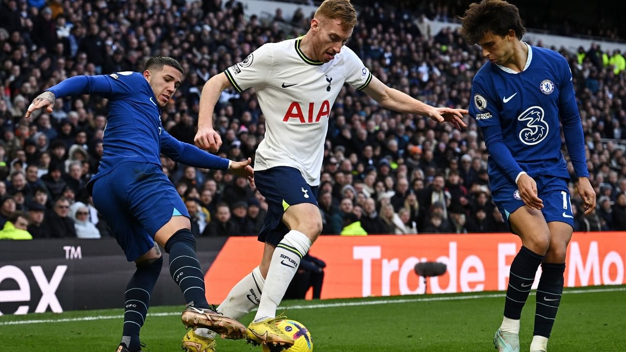 Tottenham Hotspur's Dejan Kulusevski in action against Chelsea's Enzo Fernandez and Joao Felix. Credit: Reuters Photo