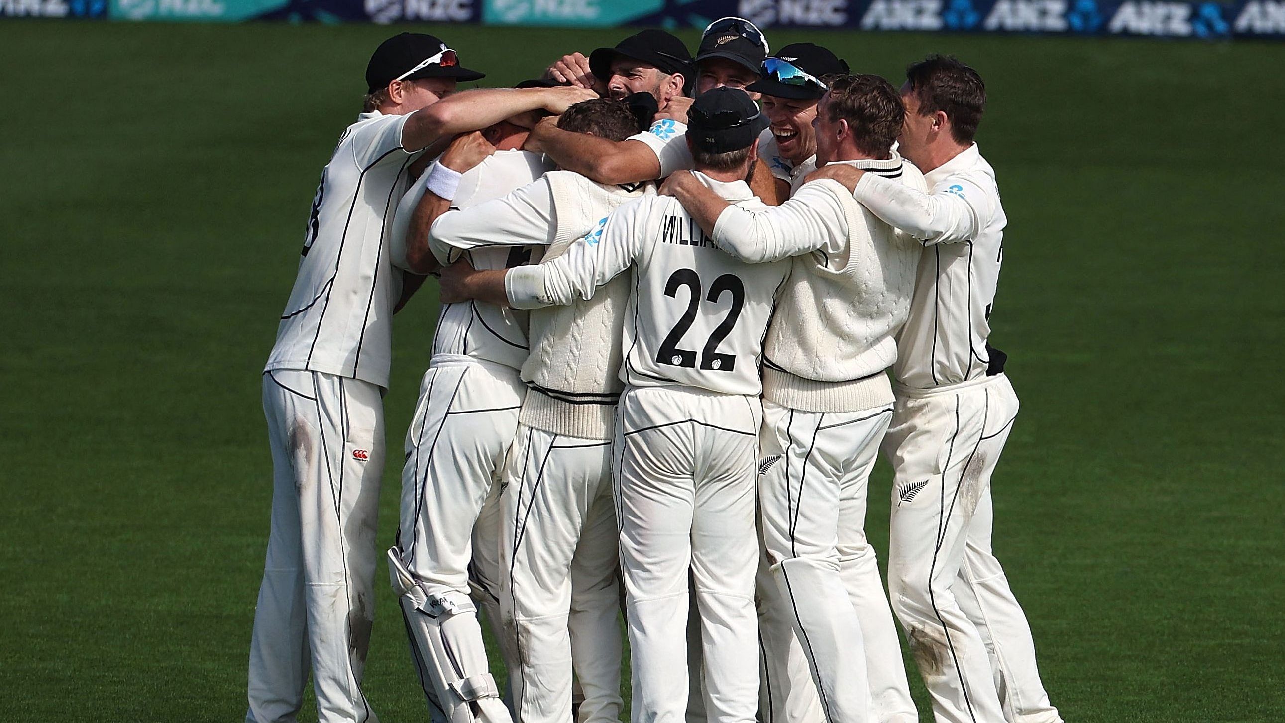 New Zealand's players celebrate their win during day five of the second cricket test match between New Zealand and England at the Basin Reserve in Wellington. Credit: AFP Photo