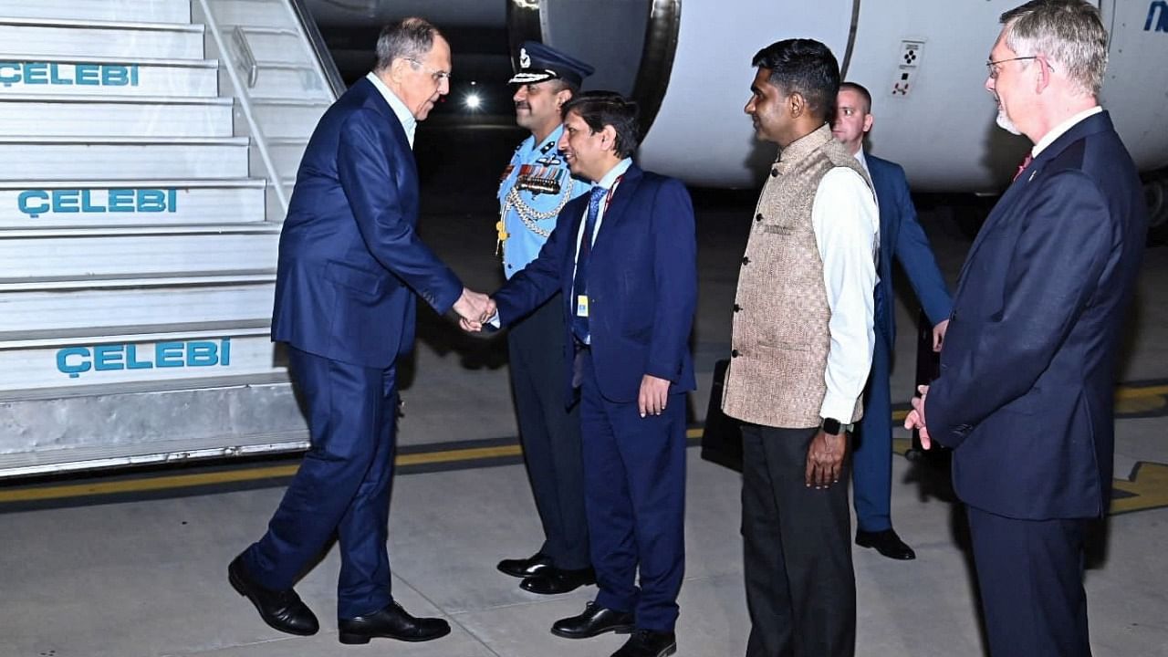 Russia's Foreign Minister Lavrov is welcomed upon his arrival in New Delhi. Credit: Reuters Photo