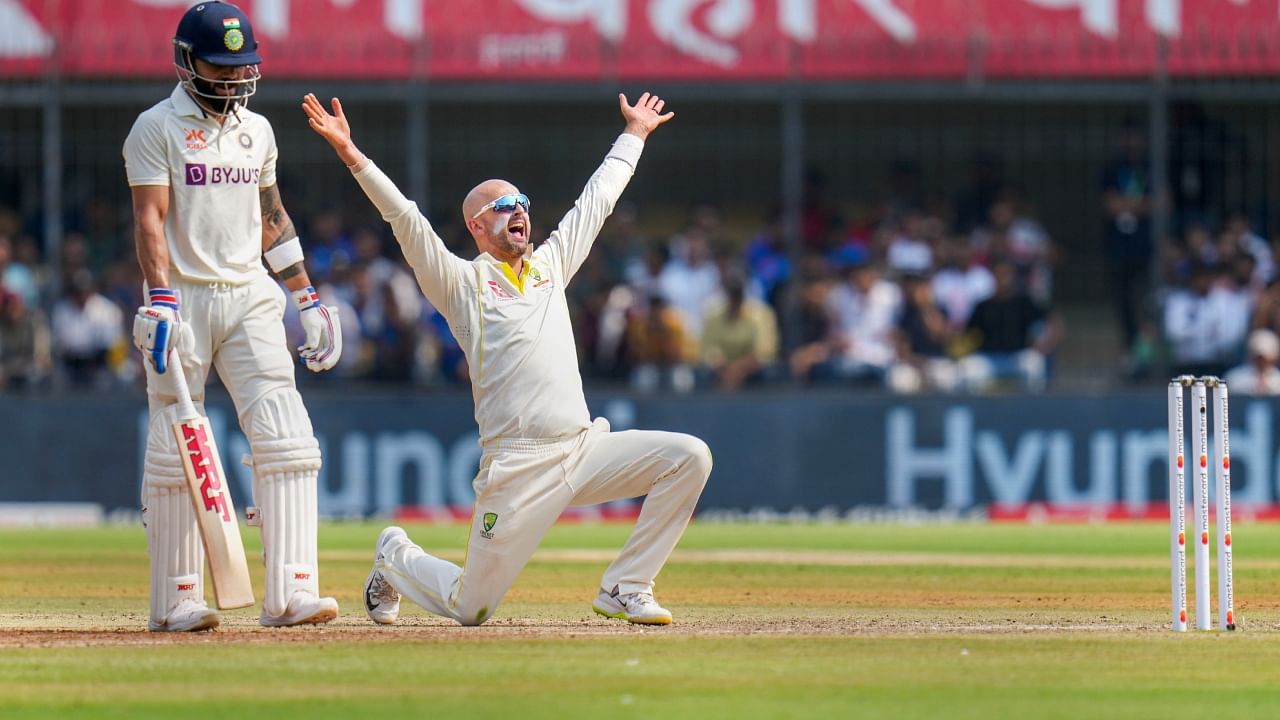 Australian bowler Nathan Lyon appeals for the wicket of Indian batter Srikar Bharat during the first day of the 3rd test cricket match between India and Australia. Credit: PTI Photo