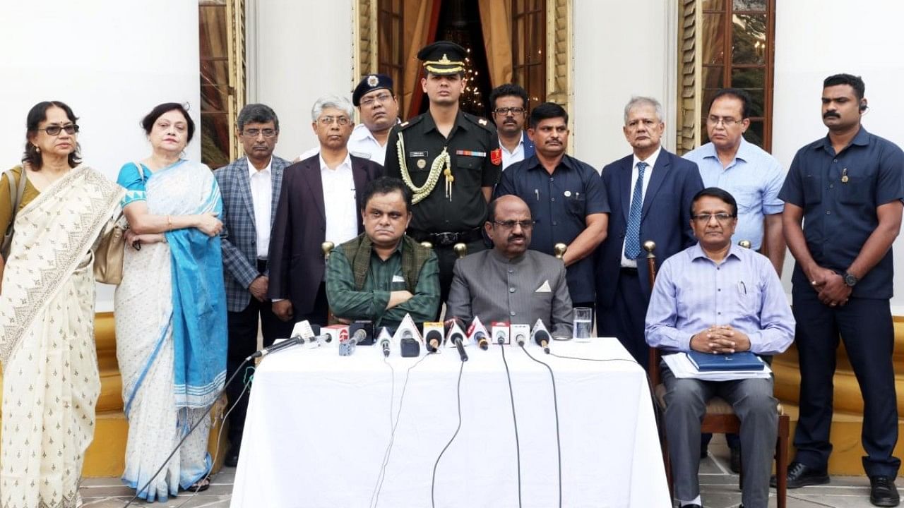 Governor of West Bengal C.V. Ananda Bose along with Vice Chancellors over the re-appointment of 24 VC of different University during a press conference at Raj Bhawan in Kolkata. Credit: IANS Photo