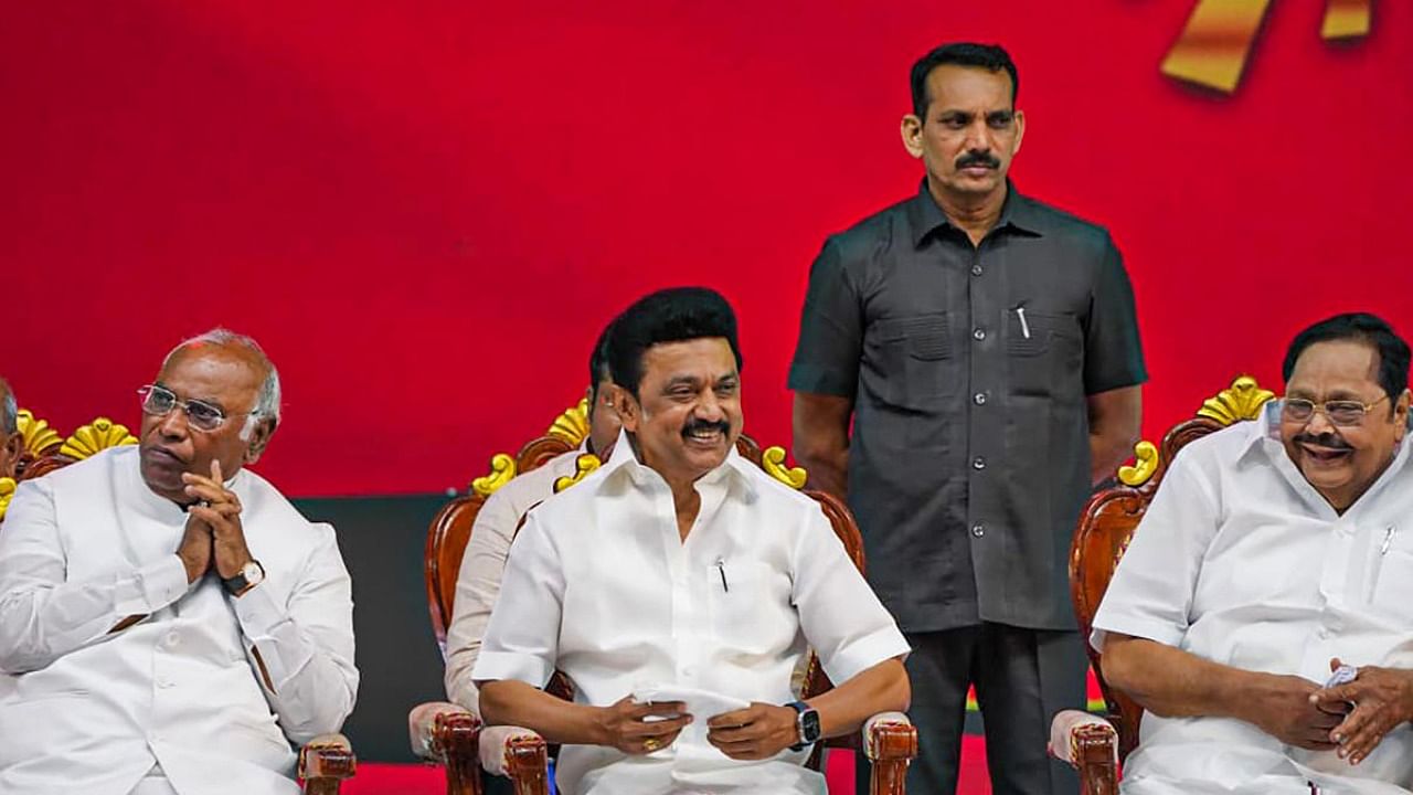 TN CM MK Stalin, Congress President Mallikarjun Kharge and others at an event organised for the celebrations of Stalin's birthday, in Chennai. credit: PTI Photo