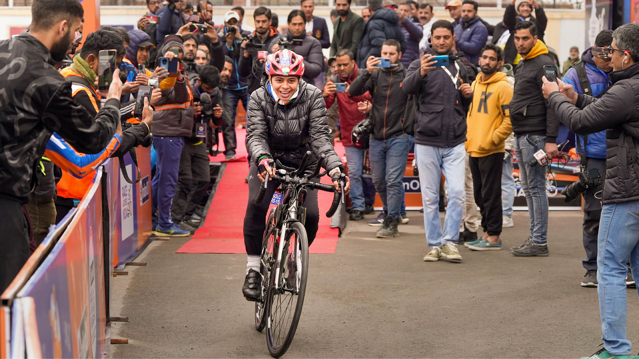 Physically challenged participant Geeta Rao after Asia's longest Ultra-Cycling Race- from Kashmir to Kanyakumari- was flagged off, in Srinagar. Credit: PTI Photo