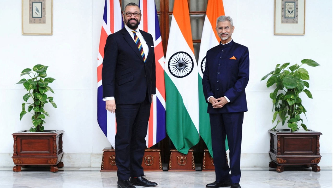 External Affairs Minister S Jaishankar with UK Foreign Secretary James Cleverly during a meeting. Credit: Reuters Photo