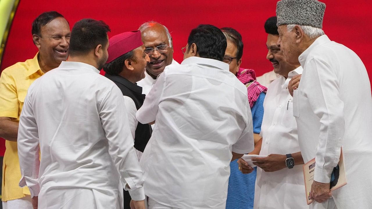 Congress President Mallikarjun Kharge, Samajwadi Party Chief Akhilesh Yadav, Bihar Deputy Chief Minister Tejashwi Yadav and others at a public meeting organised as part of Tamil Nadu Chief Minister MK Stalin's 70th Bithrday celebration, in Chennai. Credit: PTI Photo