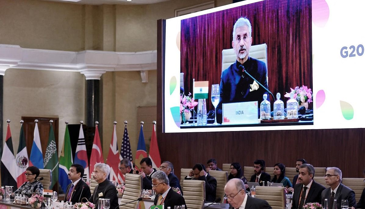 Indian External Affairs Minister Subrahmanyam Jaishankar delivers his opening remarks at the G20 foreign ministers' meeting in New Delhi on March 2, 2023. Credit: OLIVIER DOULIERY/Pool/REUTERS