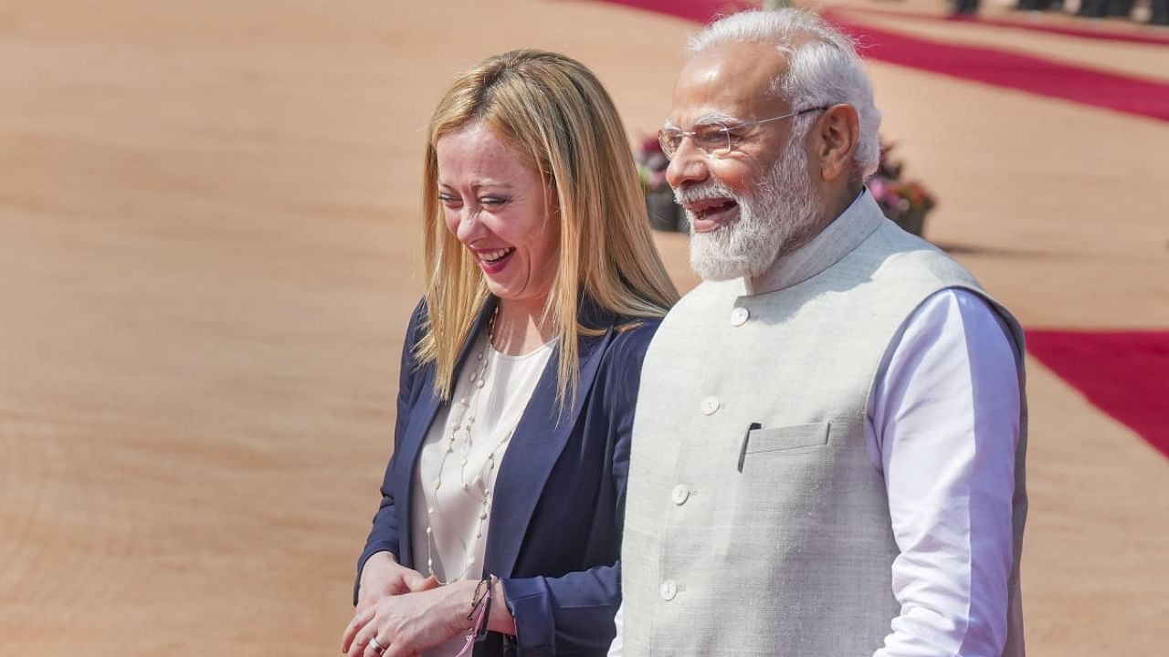 Prime Minister Narendra Modi with Prime Minister of Italy Giorgia Meloni. Credit: PTI Photo