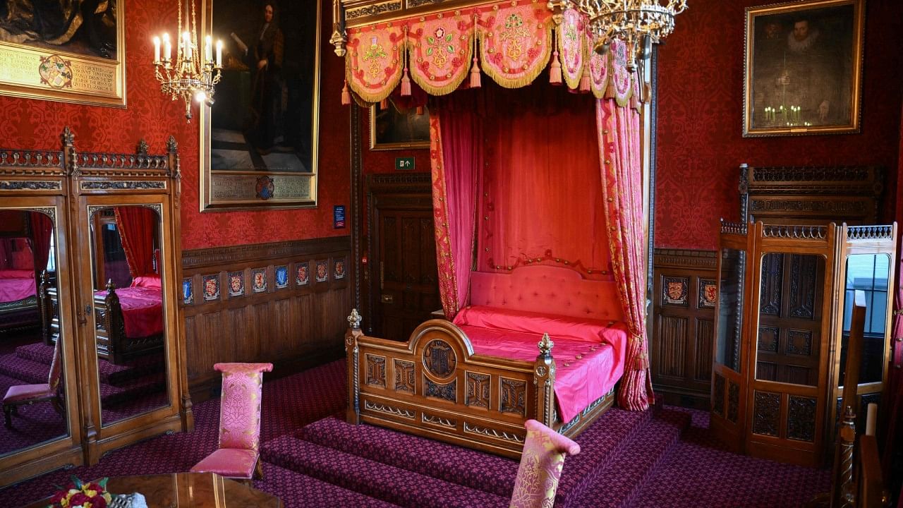 The State Bedroom, with its bed, is pictured at the Palace of Westminster in London on February 9, 2023. Credit: AFP Photo