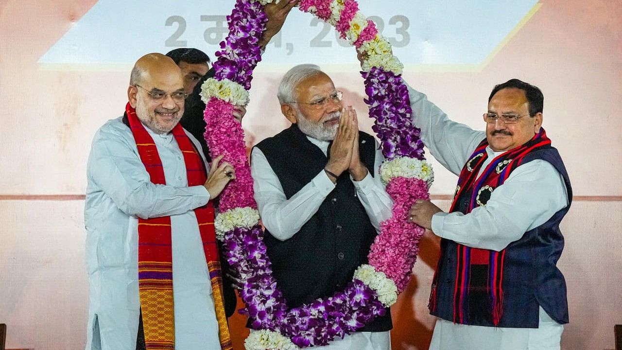 PM Narendra Modi with Amit Shah and J P Nadda. Credit: PTI Photo