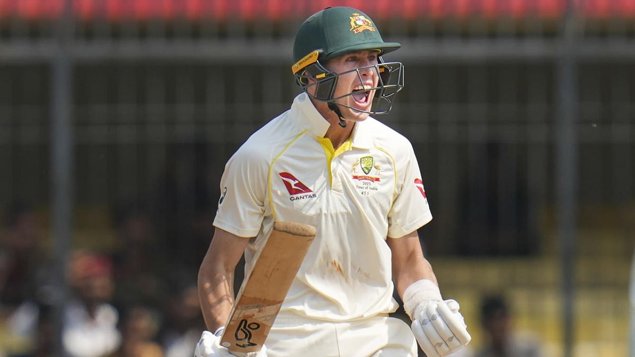 Marnus Labuschagne reacts after scoring the winning runs at the Holkar Stadium in Indore on Friday. Credit: PTI Photo