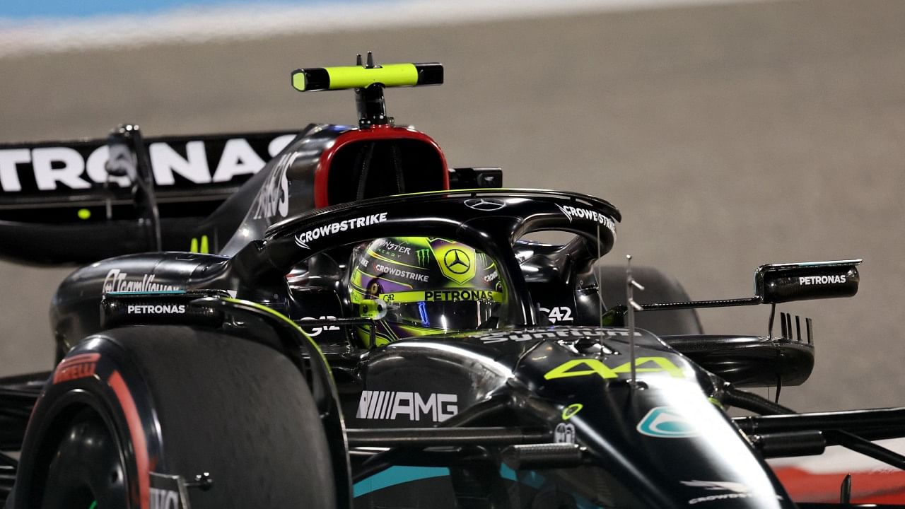 Mercedes' British driver Lewis Hamilton drives during the second practice session of the Bahrain Formula One Grand Prix at the Bahrain International Circuit in Sakhir on March 3, 2023. Credit: AFP Photo