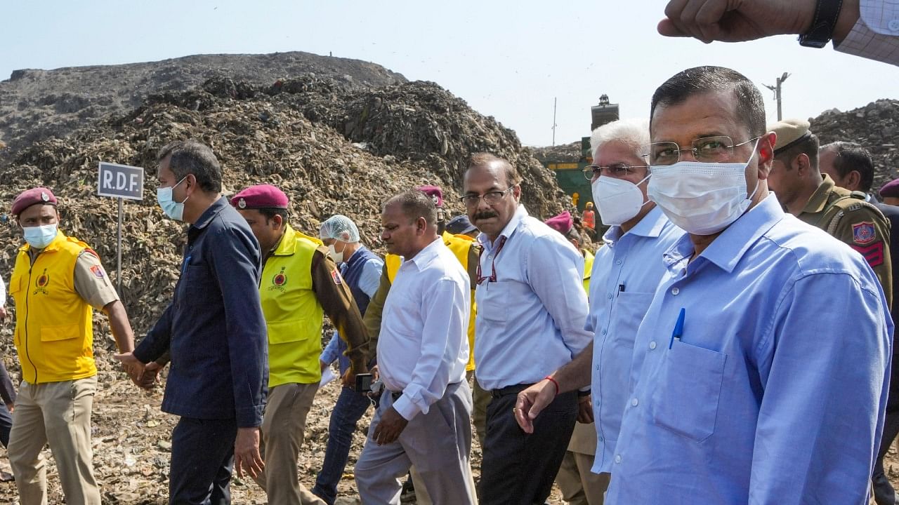 Delhi Chief Minister Arvind Kejriwal with officials visits the Okhla landfill site in New Delhi, Friday, March, 3, 2023. Credit: PTI Photo