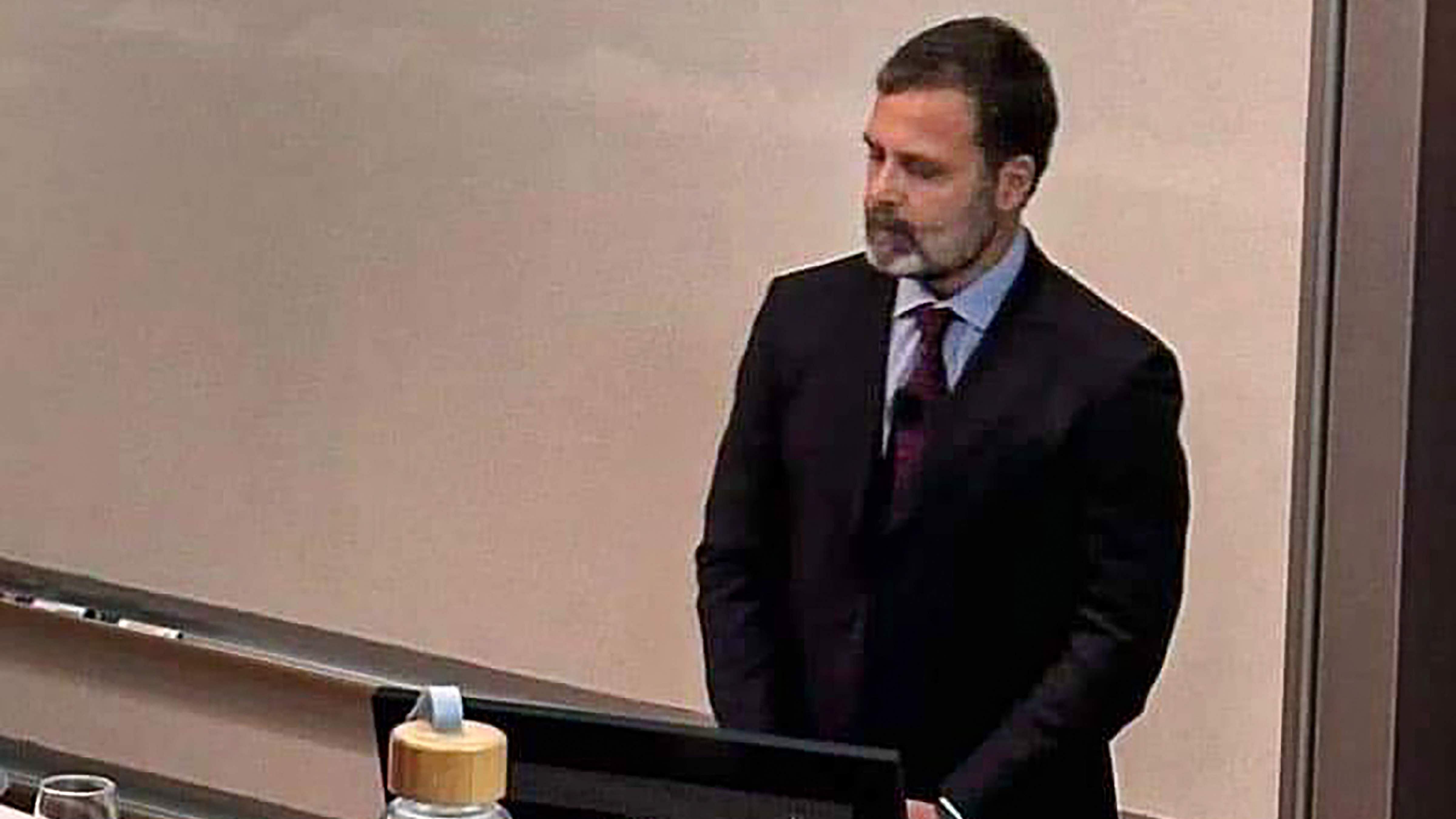 Congress leader Rahul Gandhi, in a new look with a trimmed beard, during an event at the University of Cambridge. Credit: PTI Photo