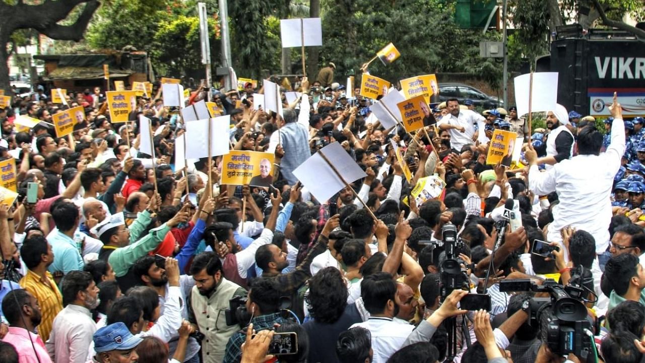 AAP workers protest outside party office. Credit: IANS Photo