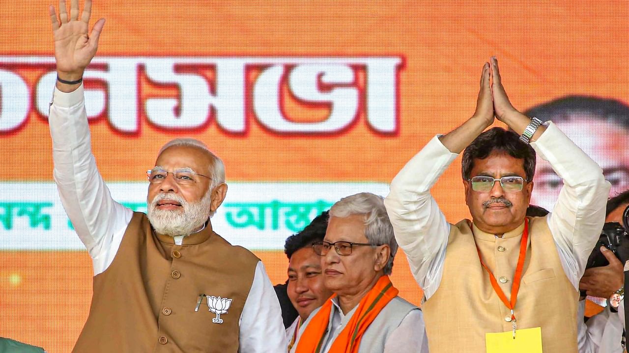 Prime Minister Narendra Modi with Tripura Chief Minister Manik Saha at an election rally ahead in Agartala, February 2023. Credit: PTI File Photo