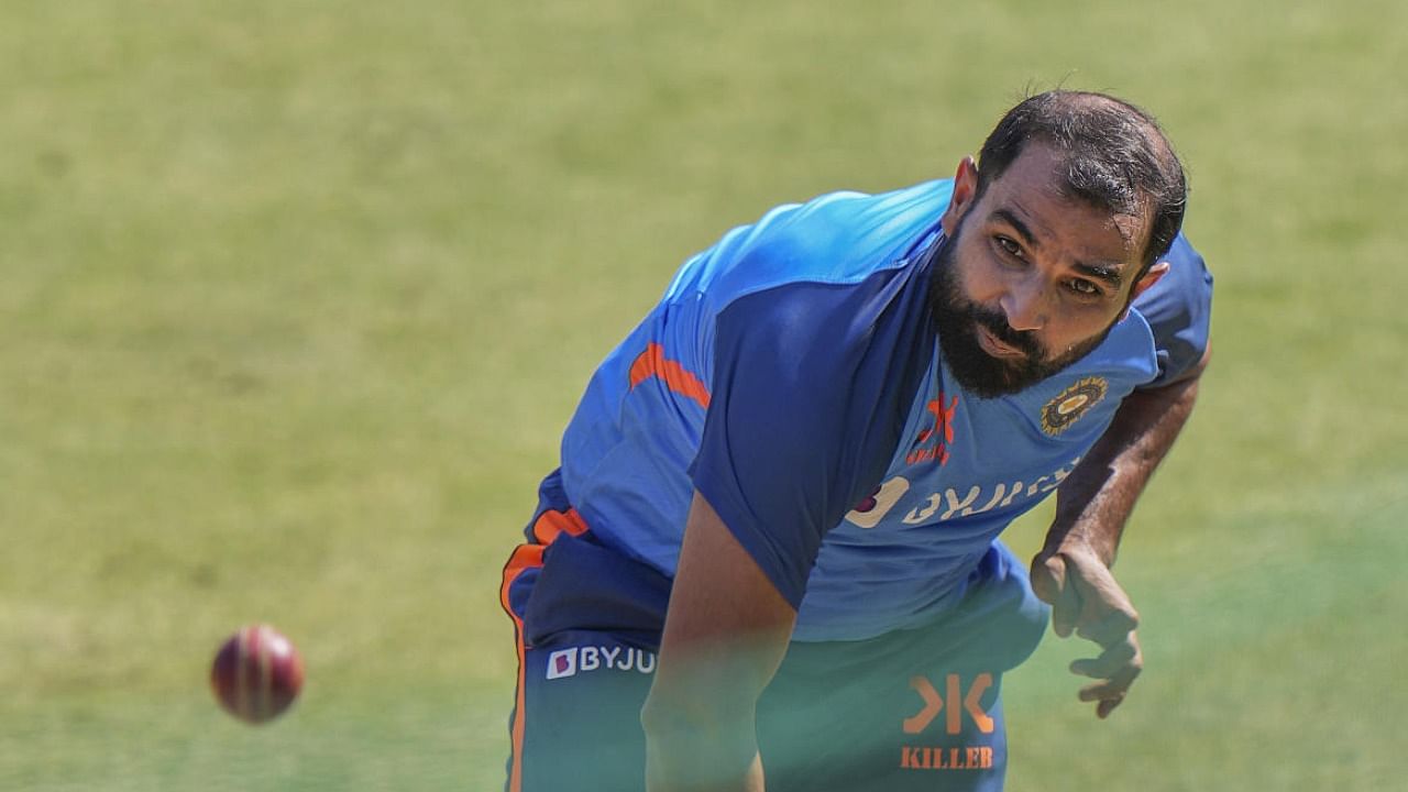 Mohammed Shami during a practice session ahead of the 3rd test cricket match between India and Australia, at Holkar Cricket Stadium in Indore. Credit: PTI Photo
