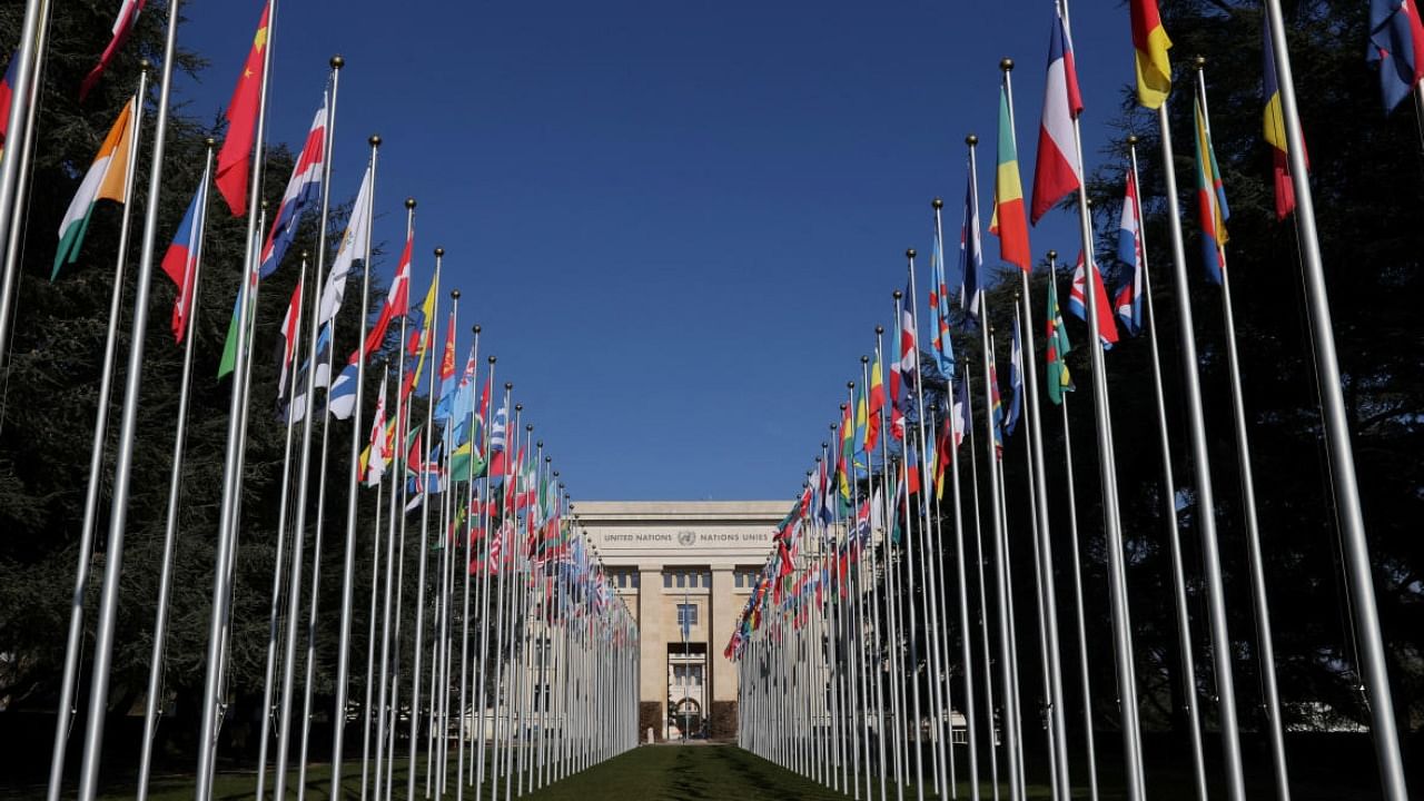 Flags alley outside the United Nations building during the Human Rights Council in Geneva. Credit: Reuters Photo