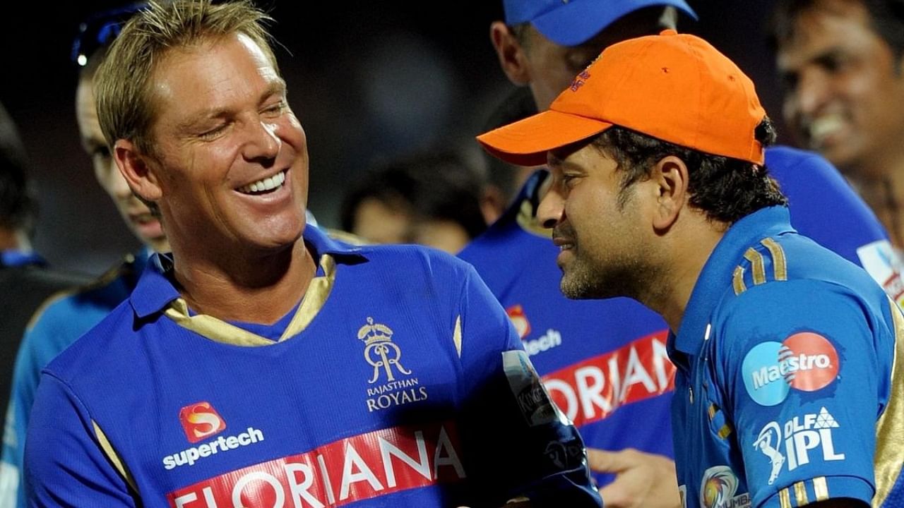 Shane Warne (L) and Sachin Tendulkar (R) from their time with Rajasthan Royals. Credit: AFP Photo