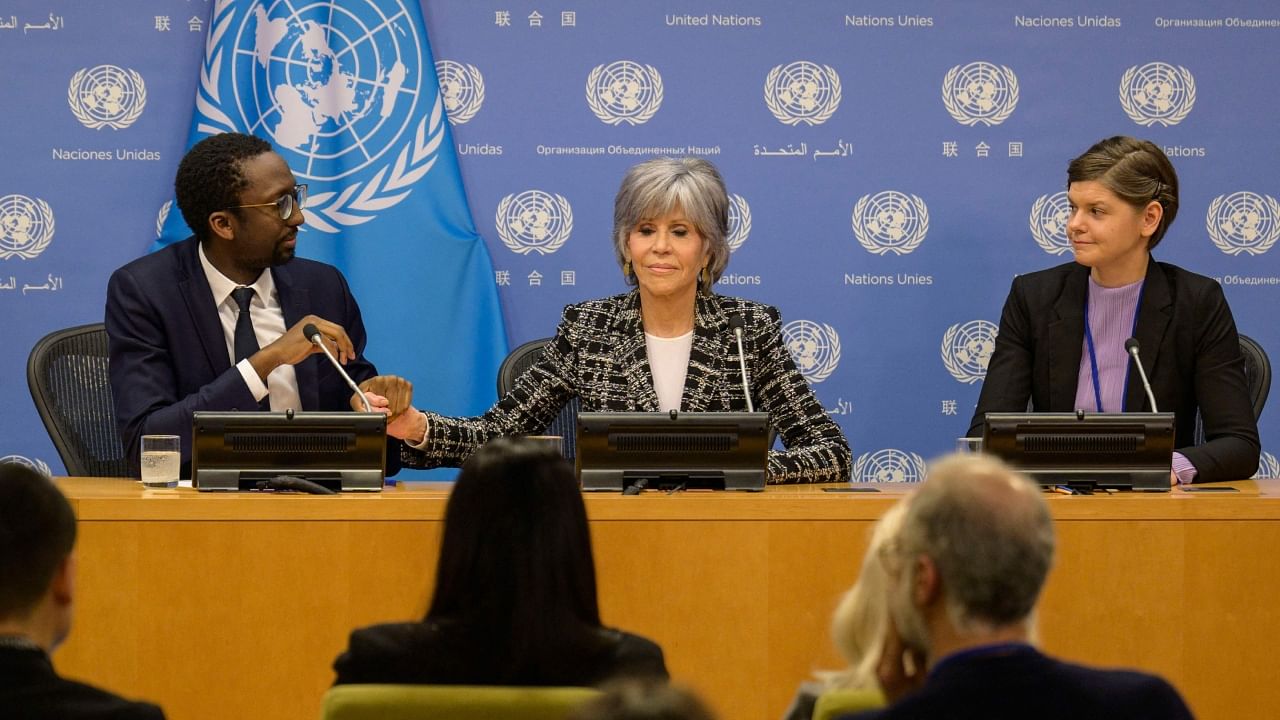 French Secretary of State for the Sea Hervé Berville, US actress and activist Jane Fonda, and Ocean and Polar advisor with Greenpeace Laura Meller participate in a press conference on the High Seas Treaty at the United Nations headquarters in New York City on February 21, 2023. Credit: AFP File Photo