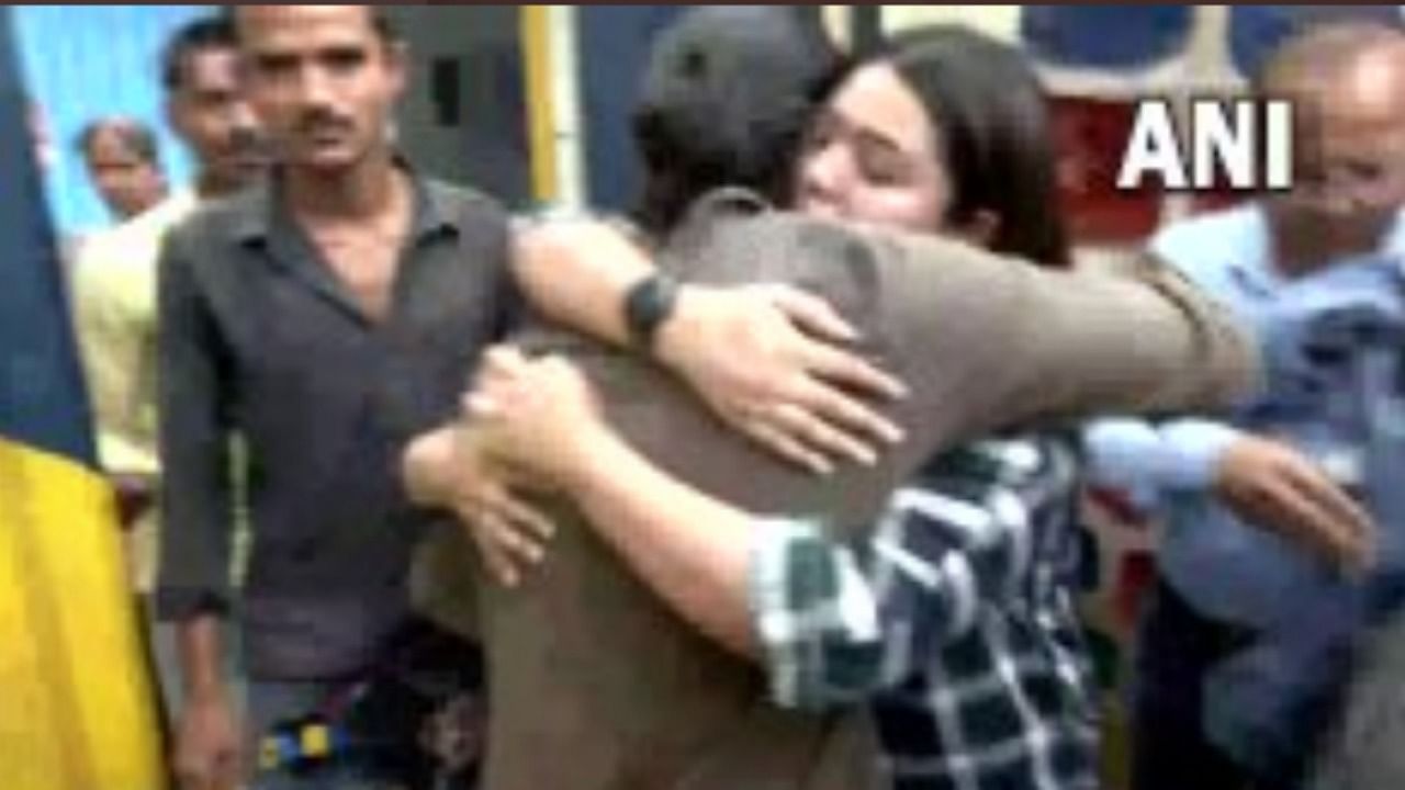 Khan was hugged by his two sisters when he walked out of Thane Central jail, while several other relatives were visibly emotional. Credit: Twitter/@ANI