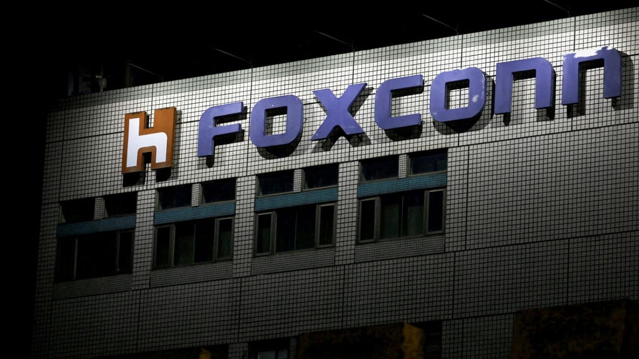 The logo of Foxconn is seen outside the company's building in Taipei. Credit: Reuters Photo
