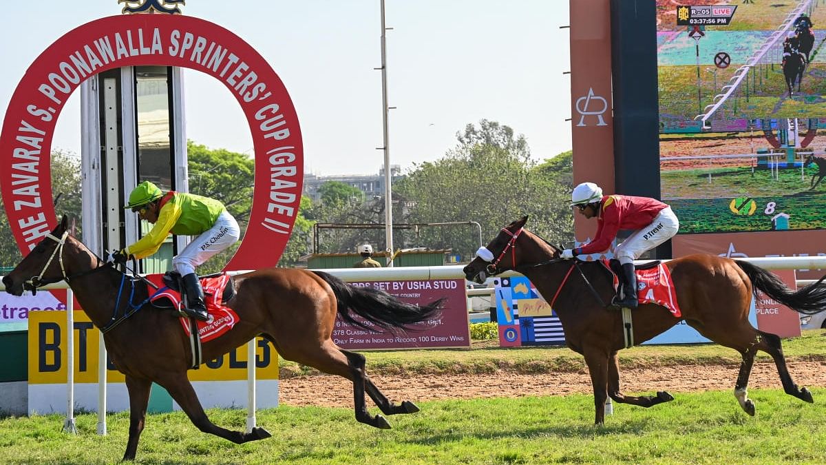 Jockey PS Chouhan guides his horse ‘Hunting Goddess’ to victory in the Sprinters Cup at Bangalore Turf Club in Bengaluru on Saturday. Credit: DH Photo/ B H Shivakumar