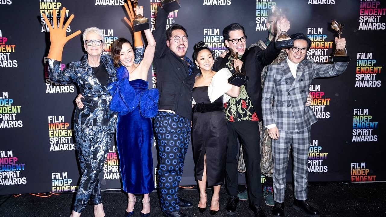 Jamie Lee Curtis, Michelle Yeoh, Dan Kwan, Stephanie Hsu, Jonathan Wang, Daniel Scheinert and Ke Huy Quan winners of the Best Feature award for "Everything Everywhere All at Once" pose in the press room during the 2023 Film Independent Spirit Awards in Santa Monica. Credit: Reuters Photo