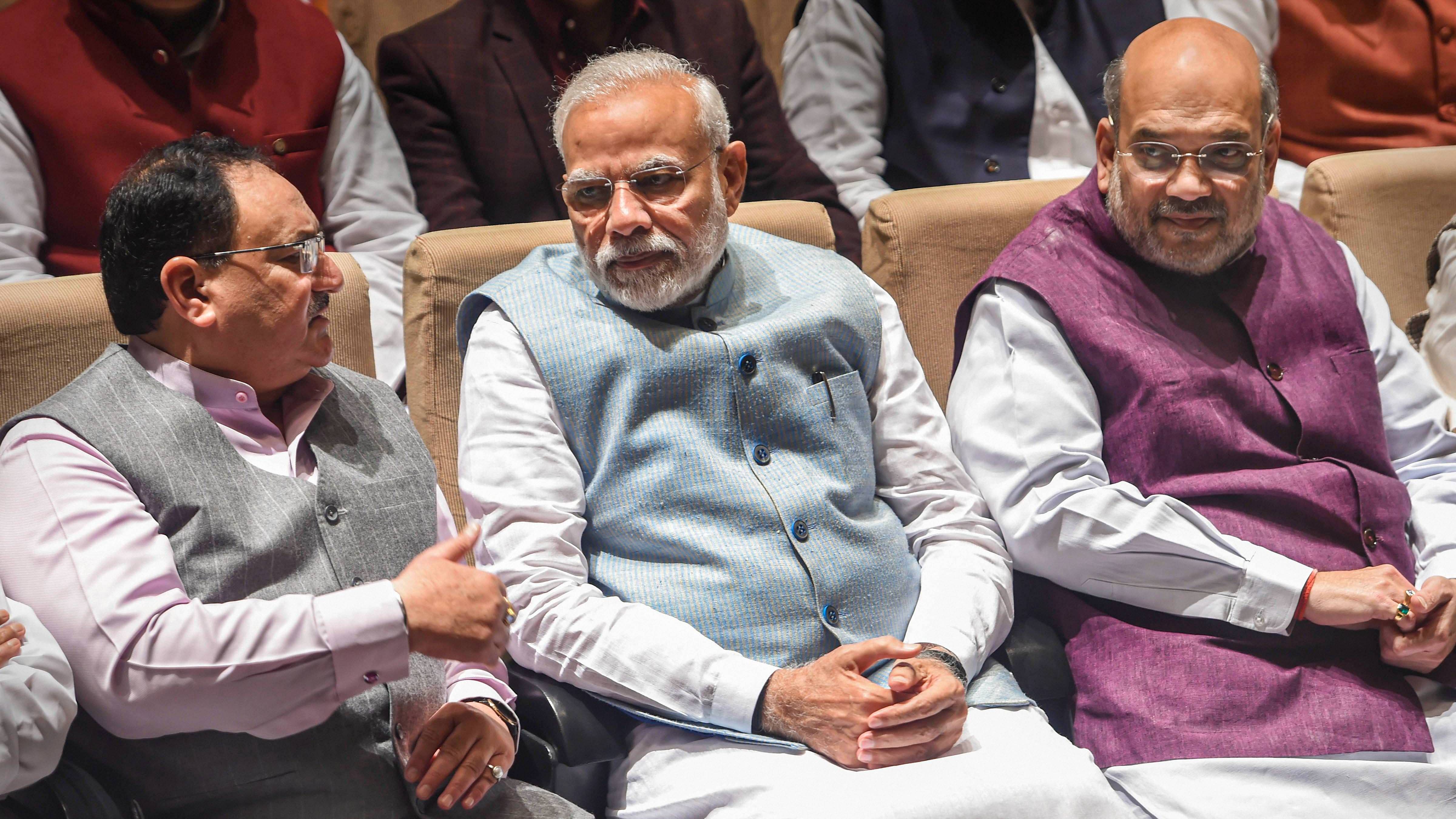 Prime Minister Narendra Modi, Union Home Minister Amit Shah and BJP National President JP Nadda during the BJP Parliamentary Party Meeting in New Delhi. Credit: PTI Photo
