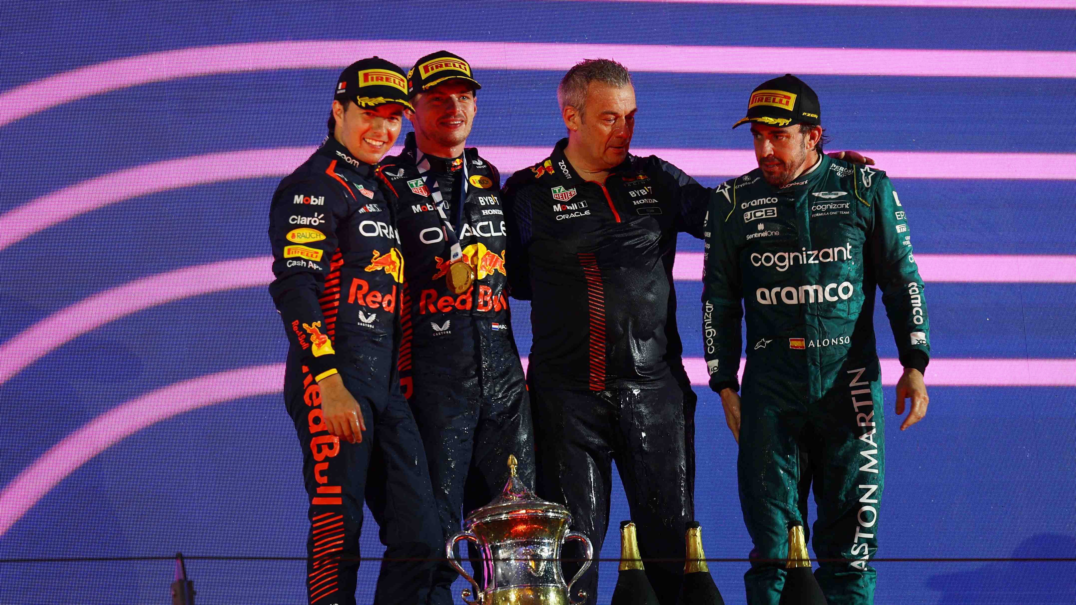 Red Bull's Max Verstappen celebrates on the podium after winning the Bahrain Grand Prix. Credit: Reuters Photo
