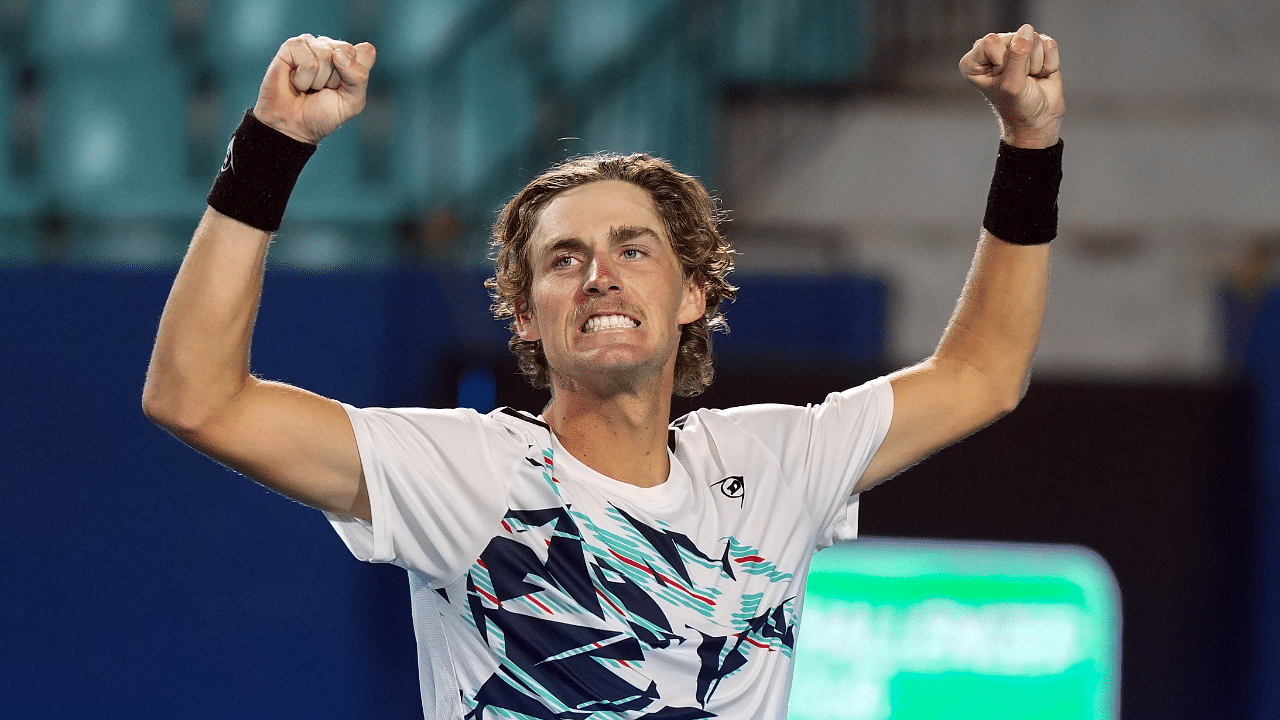 Australia's Max Purcell celebrates after winning the men's singles final match against Australia's James Duckworth at the Bengaluru Open 2023 tennis tournament. Credit: PTI Photo