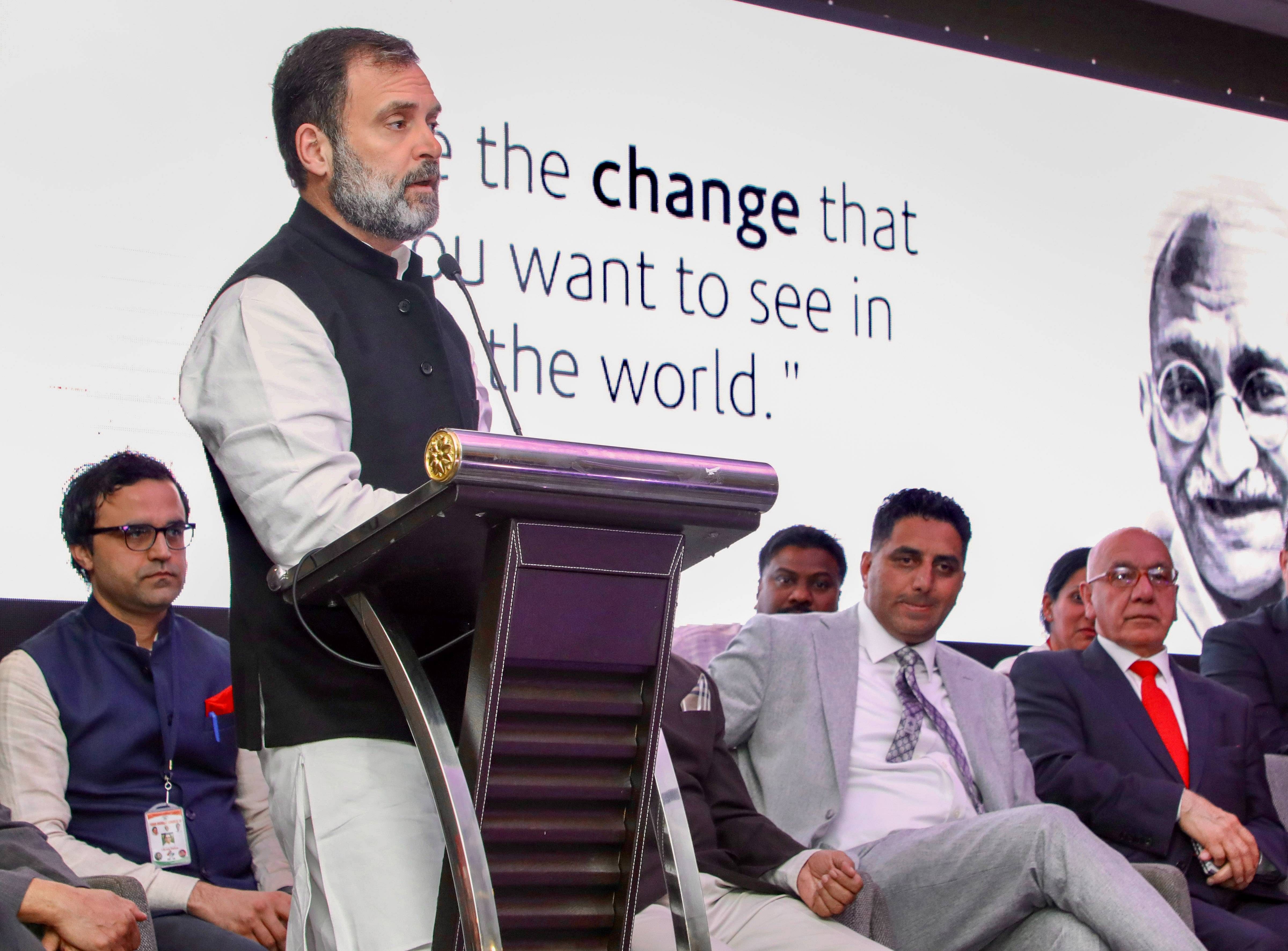 Congress leader Rahul Gandhi addresses the Indian diaspora during an event at Hounslow, in West London. Credit: PTI Photo
