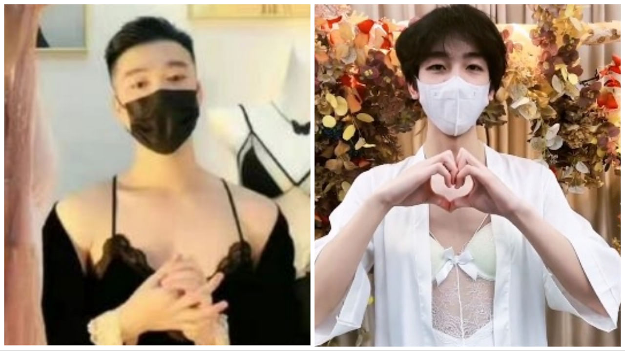 Men dressed in nightgowns seen in screenshots from livestream shopping platforms. Credit: Images tweeted by @MothershipSG