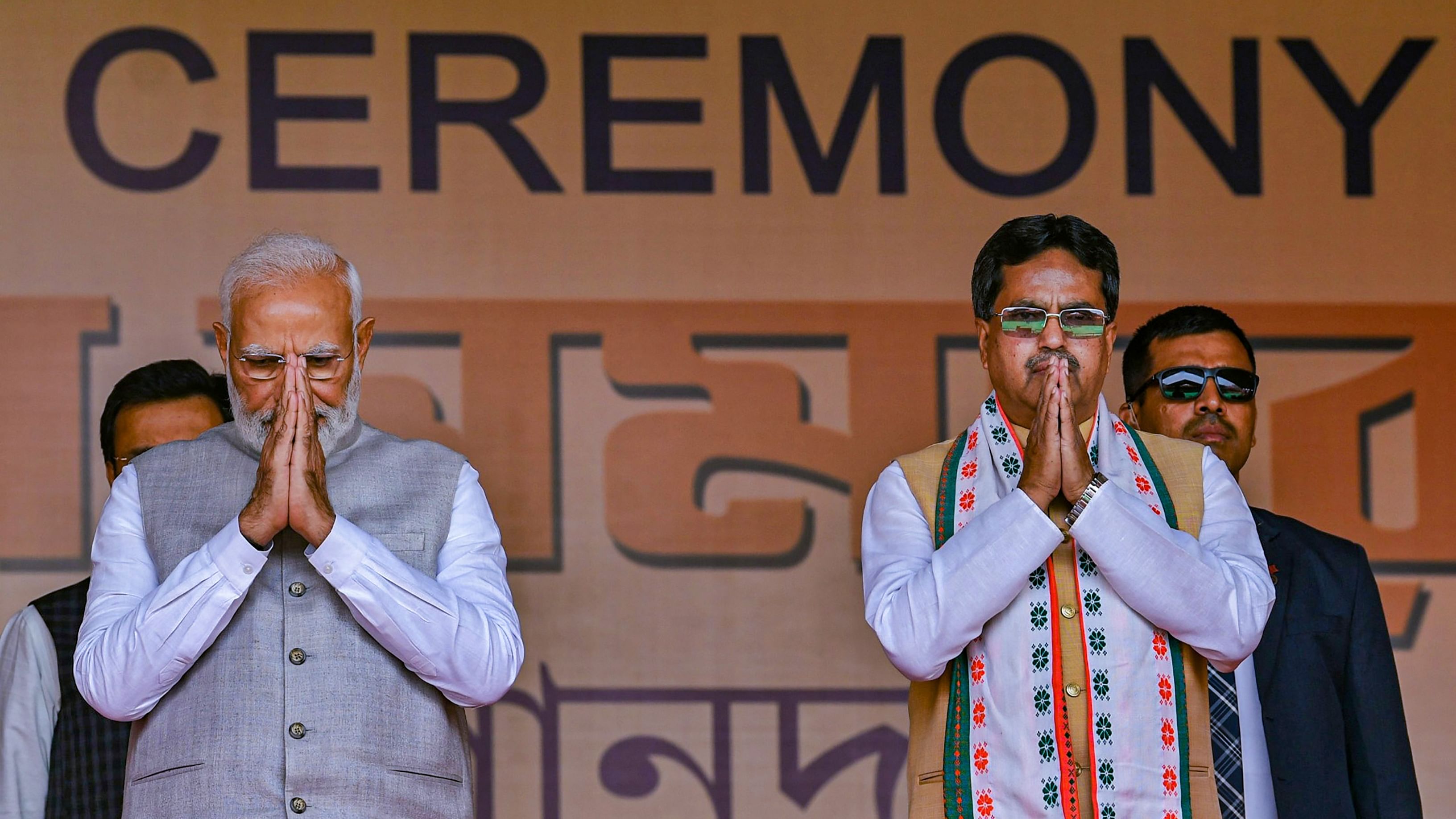 Prime Minister Narendra Modi with newly sworn-in Tripura CM Manik Saha during swearing-in ceremony, in Agartala, Wednesday, March 8, 2023. Credit: PTI Photo