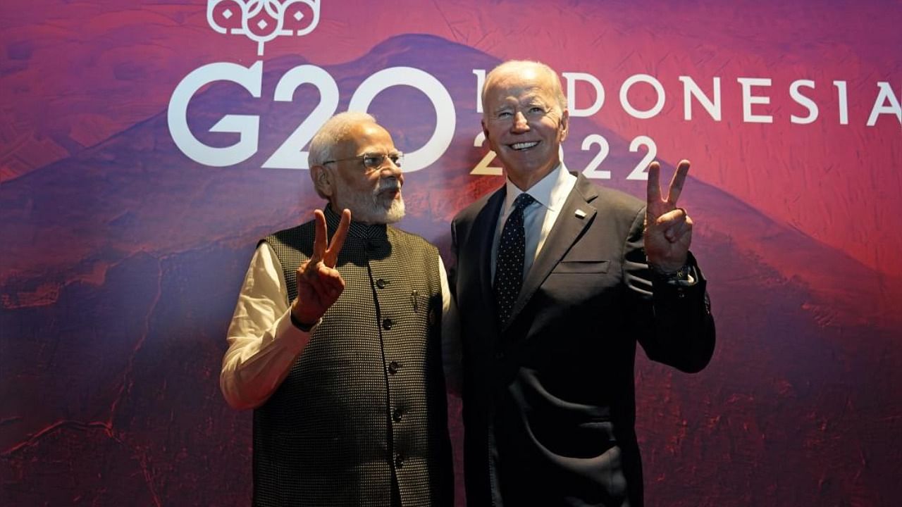 US President Joe Biden and Indian PM Narendra Modi at the G20 meeting in Indonesia last year. Credit: AP/PTI Photo