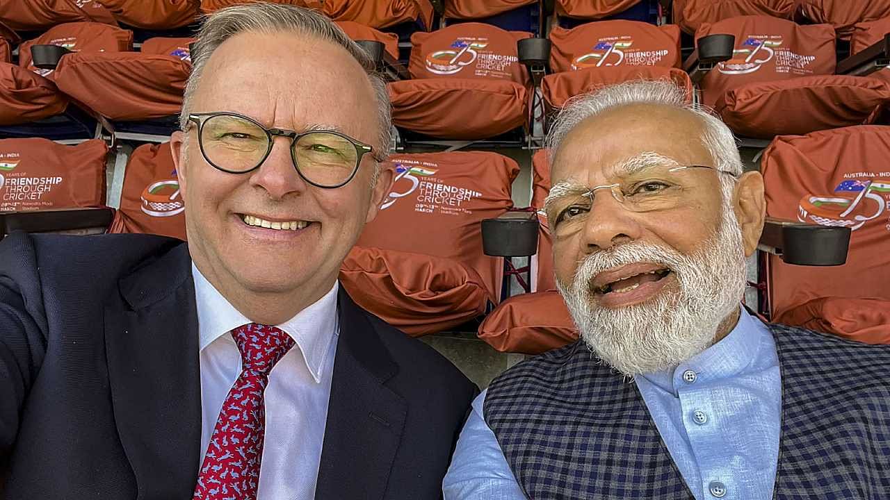 Prime Minister Narendra Modi with Australian Prime Minister Anthony Albanese during the fourth test cricket match between India and Australia. Credit: PTI Photo