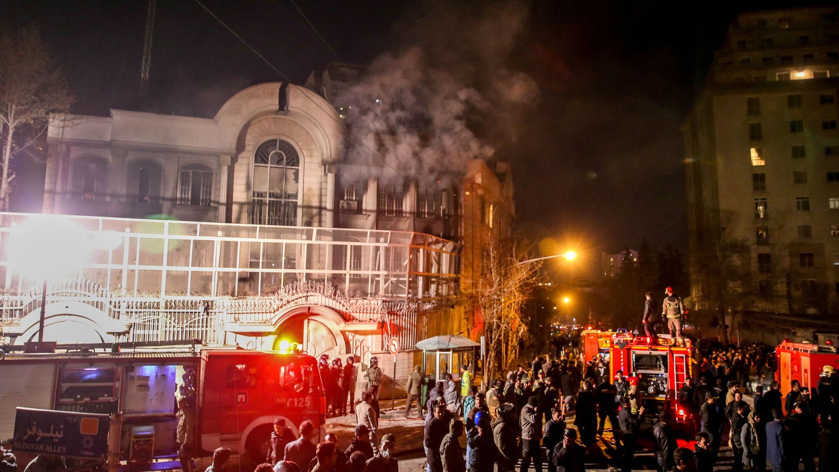 In this file photo taken on January 02, 2016, Iranian protesters set fire to the Saudi embassy in Tehran during a demonstration against the execution of prominent Shiite Muslim cleric Nimr al-Nimr by Saudi authorities.  Credit: AFP Photo