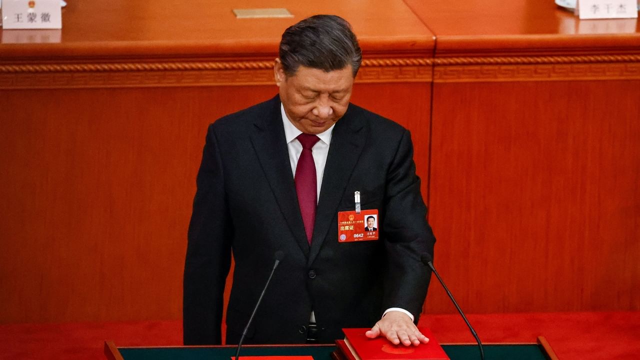 Chinese President Xi Jinping takes his oath during the Third Plenary Session of the National People's Congress (NPC) at the Great Hall of the People, in Beijing, China, 10 March 2023. Credit: Reuters Photo