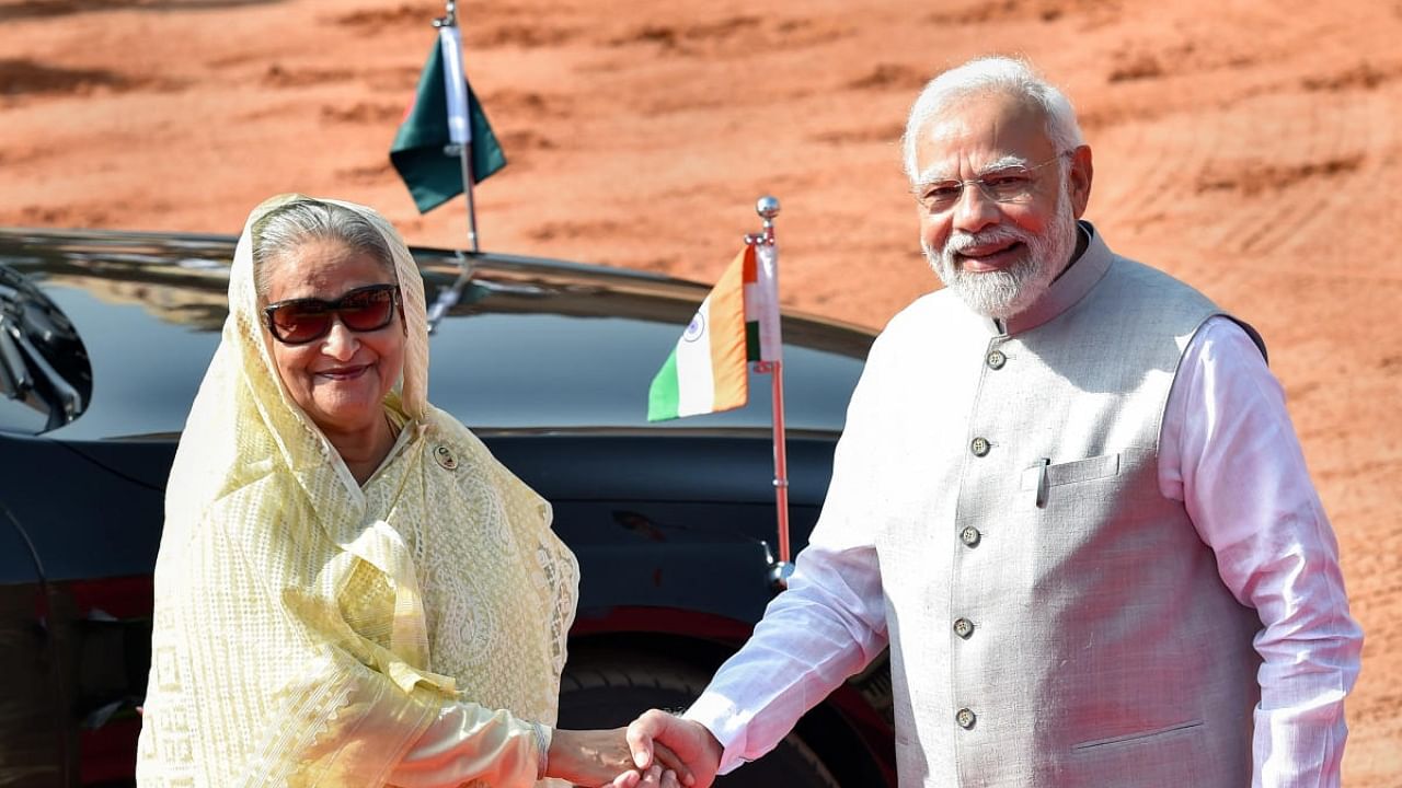 Prime Minister Narendra Modi with his Bangladeshi counterpart Sheikh Hasina. Credit: PTI Photo