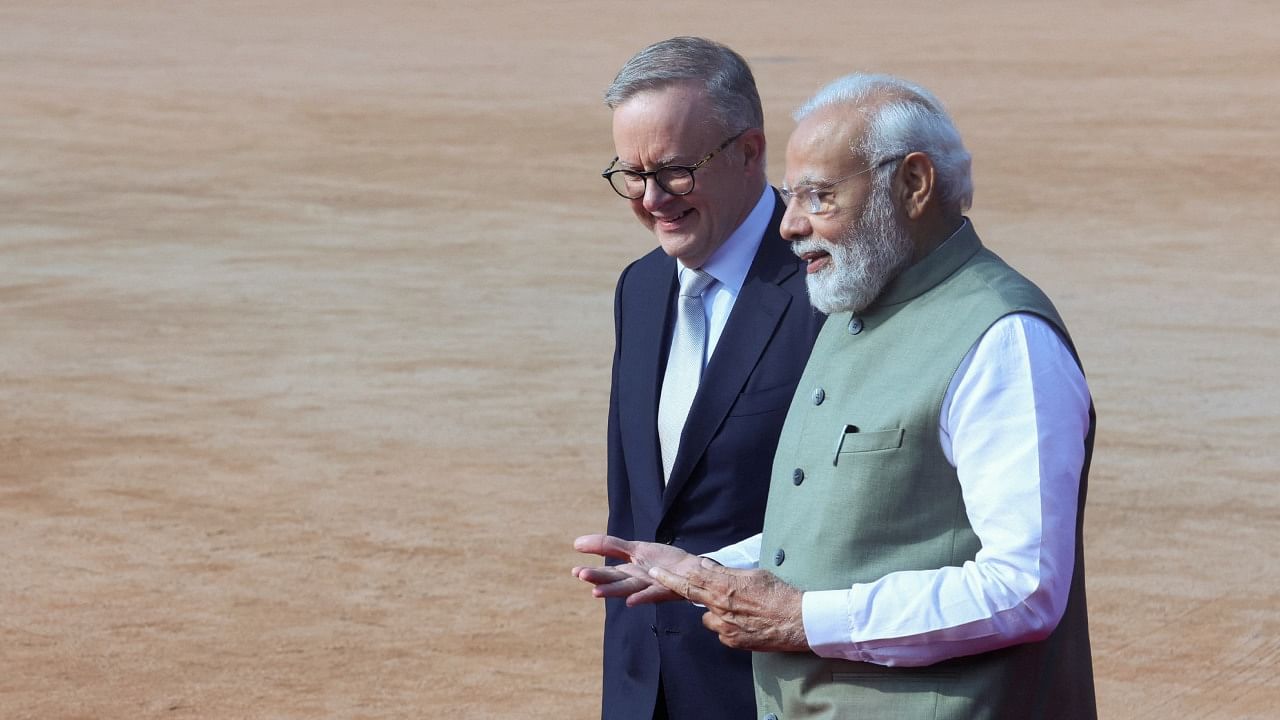 Indian Prime Minister Narendra Modi speaks with his Australian counterpart Anthony Albanese. Credit: Reuters Photo