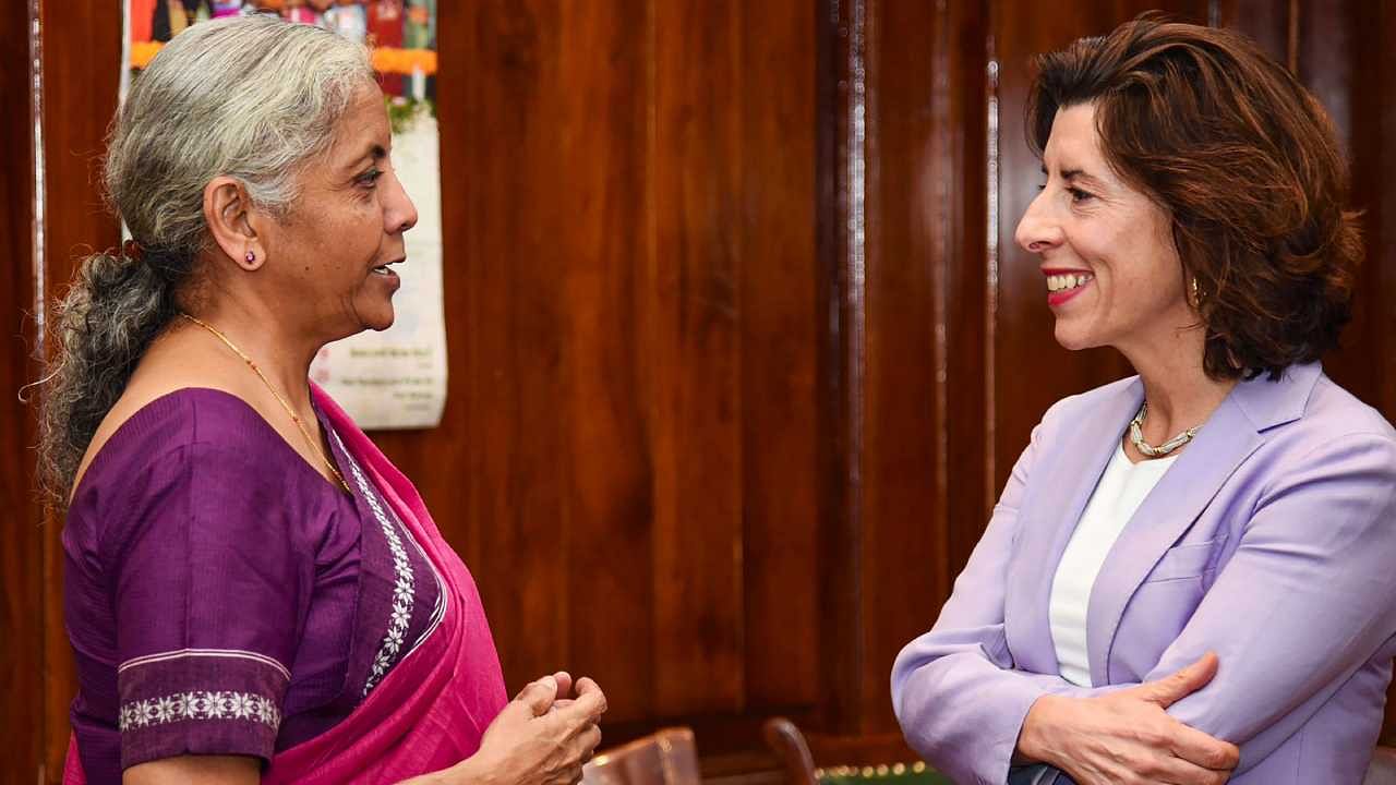 Union Finance Minister Nirmala Sitharaman in a meeting with United States Secretary of Commerce Gina Raimondo in New Delhi. Credit: PTI Photo