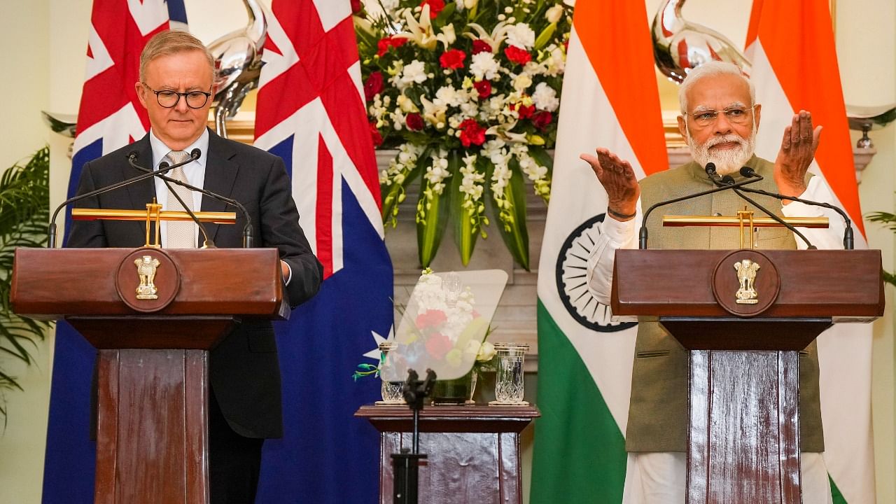 Prime Minister Narendra Modi and Prime Minister of Australia Anthony Albanese during their joint press statement after a meeting at the Hyderabad House. Credit: PTI photo