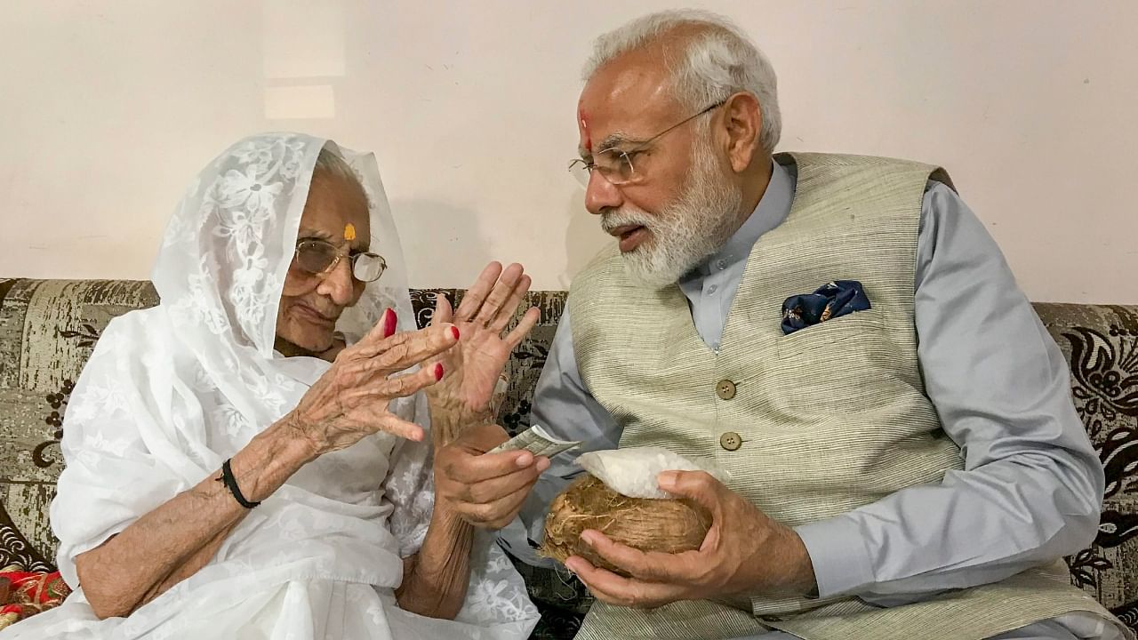 Prime Minister Narendra Modi with his mother Heeraben in 2019. Credit: PTI File Photo