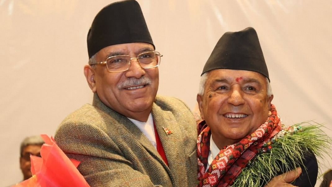 Nepal's Prime Minister Pushpa Kamal Dahal 'Prachanda' congratulates President-elect Ram Chandra Poudel. Credit: Twitter/IANS Photo
