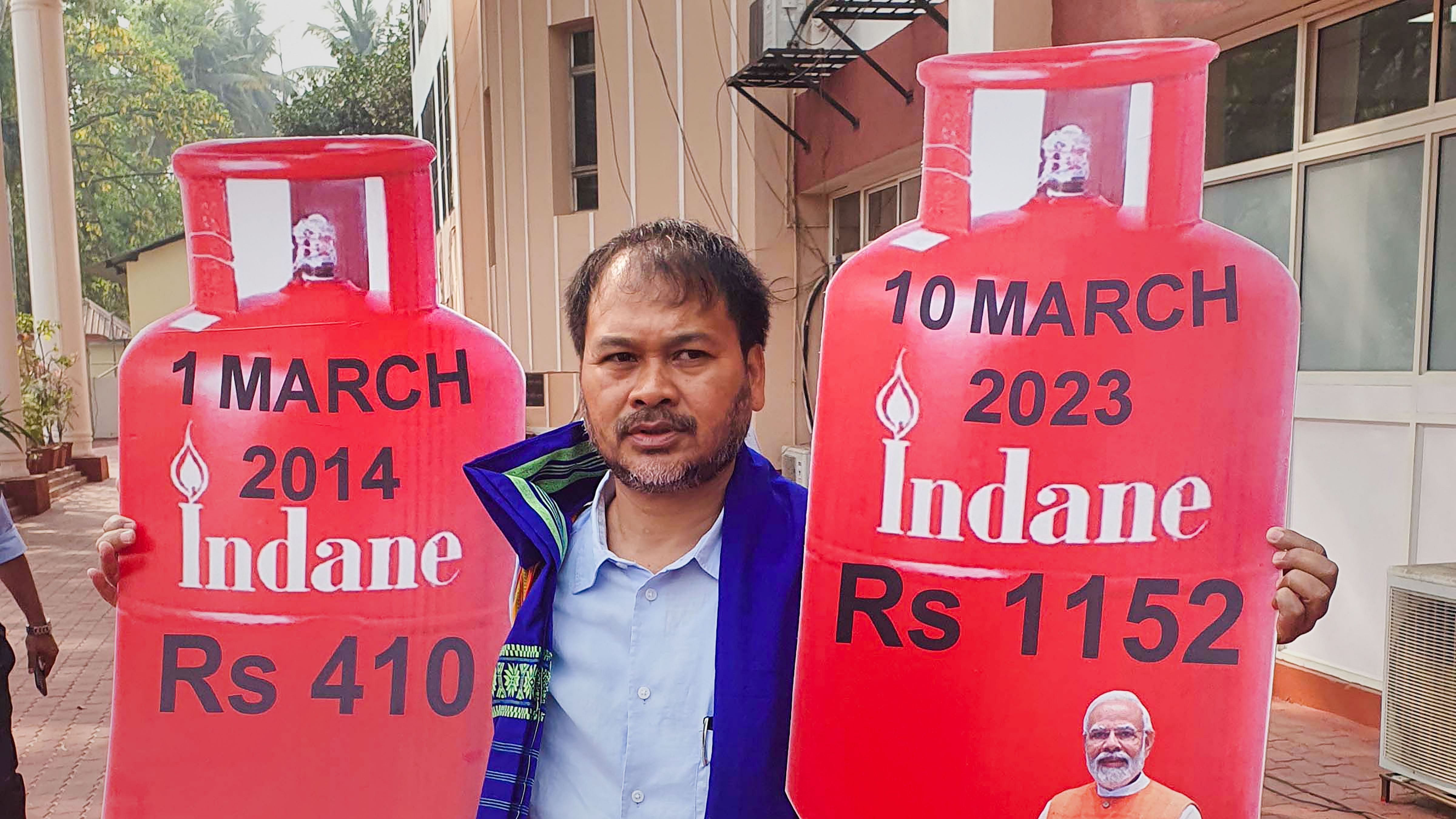MLA Akhil Gogoi protests against hike in the prices of LPG cylinder on the first day of the Budget Session of Assam Assembly, in Guwahati, Friday, March 10, 2023. Credit: PTI Photo