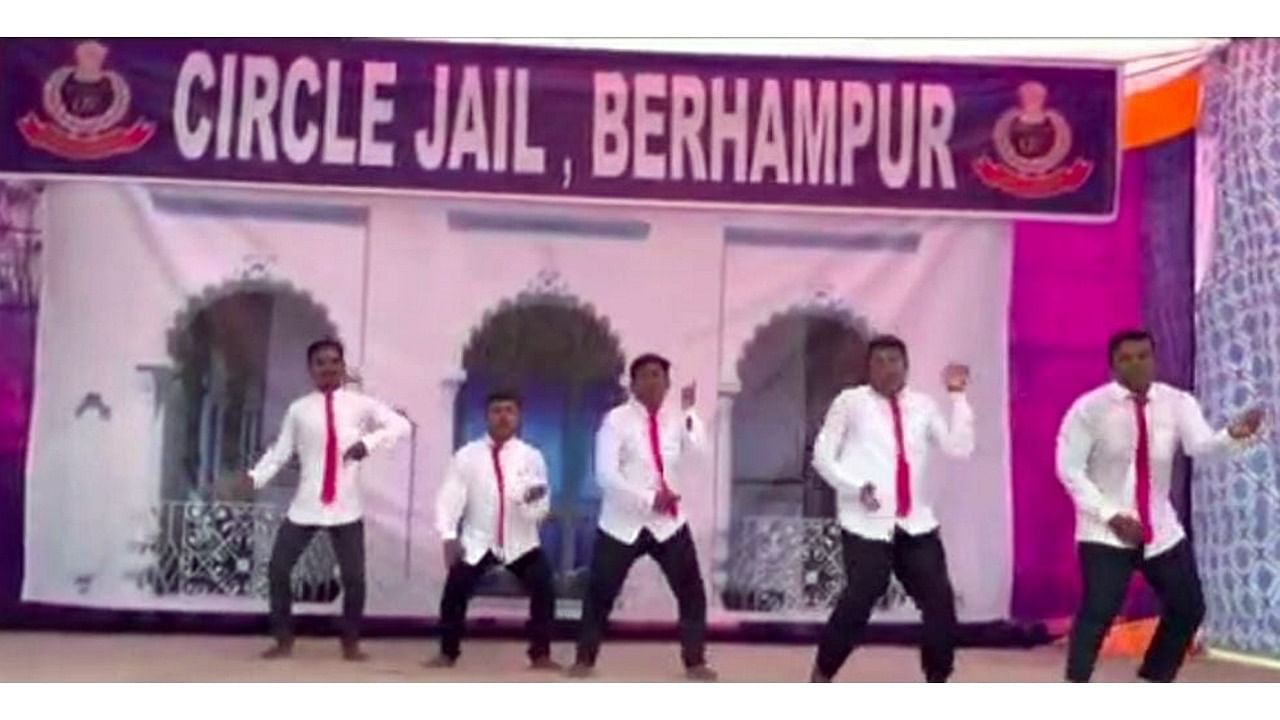 Inmates of Berhampur Circle Jail during a performance, part of a national online dance competition, at Berhampur in Odisha’s Ganjam district. Credit: PTI Photo