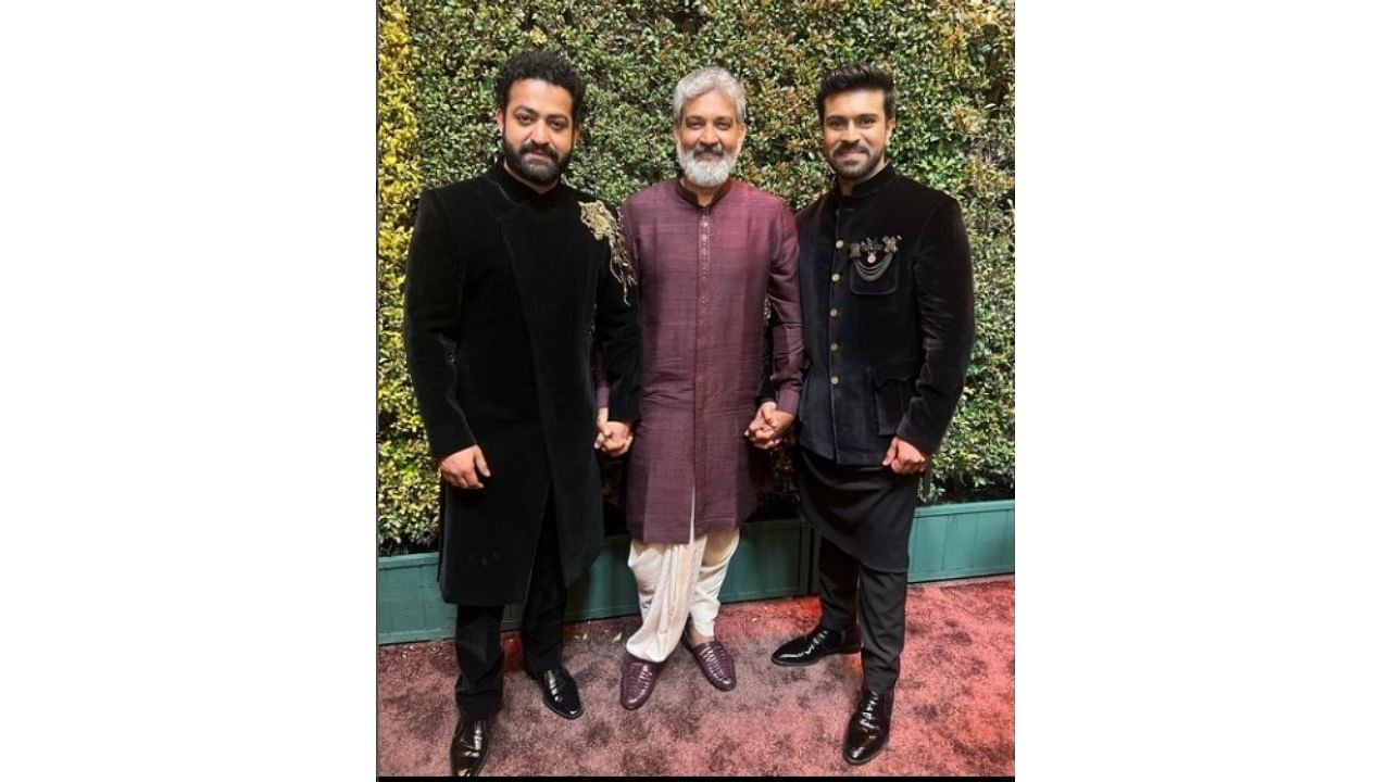 Ram Charan and Jr NTR wore black velvet bandhgalas with statement embroidery reminiscent of their characters in RRR. Credit: IANS Photo