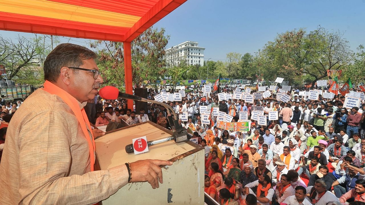 Rajasthan Bhartiya Janata Party President Satish Poonia addresses party workers' protest against the state government over the alleged disrespect of party senior leader & MP Kirori Lal Meena who was 'demanding justice for Pulwama attack martyrs' widows', in Jaipur, March 11, 2023. Credit: PTI Photo