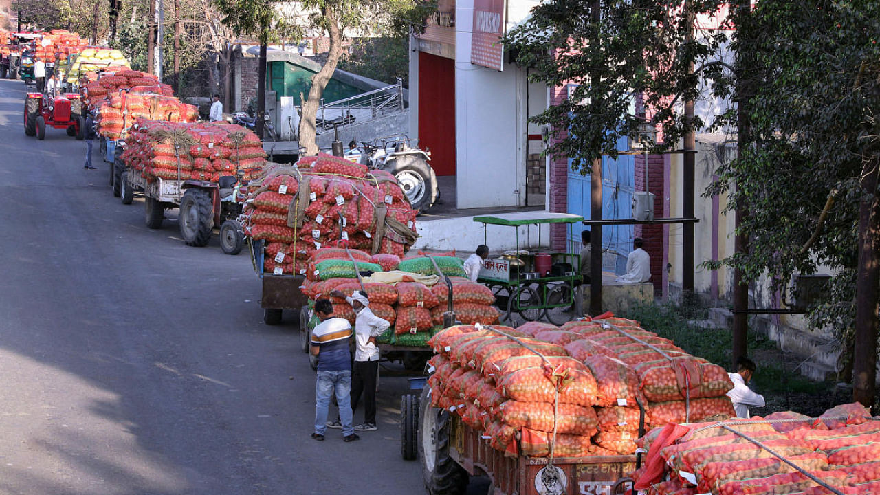 Farmers wait with their potatoes outside a cold storage in UP's Hapur. Credit: PTI Photo