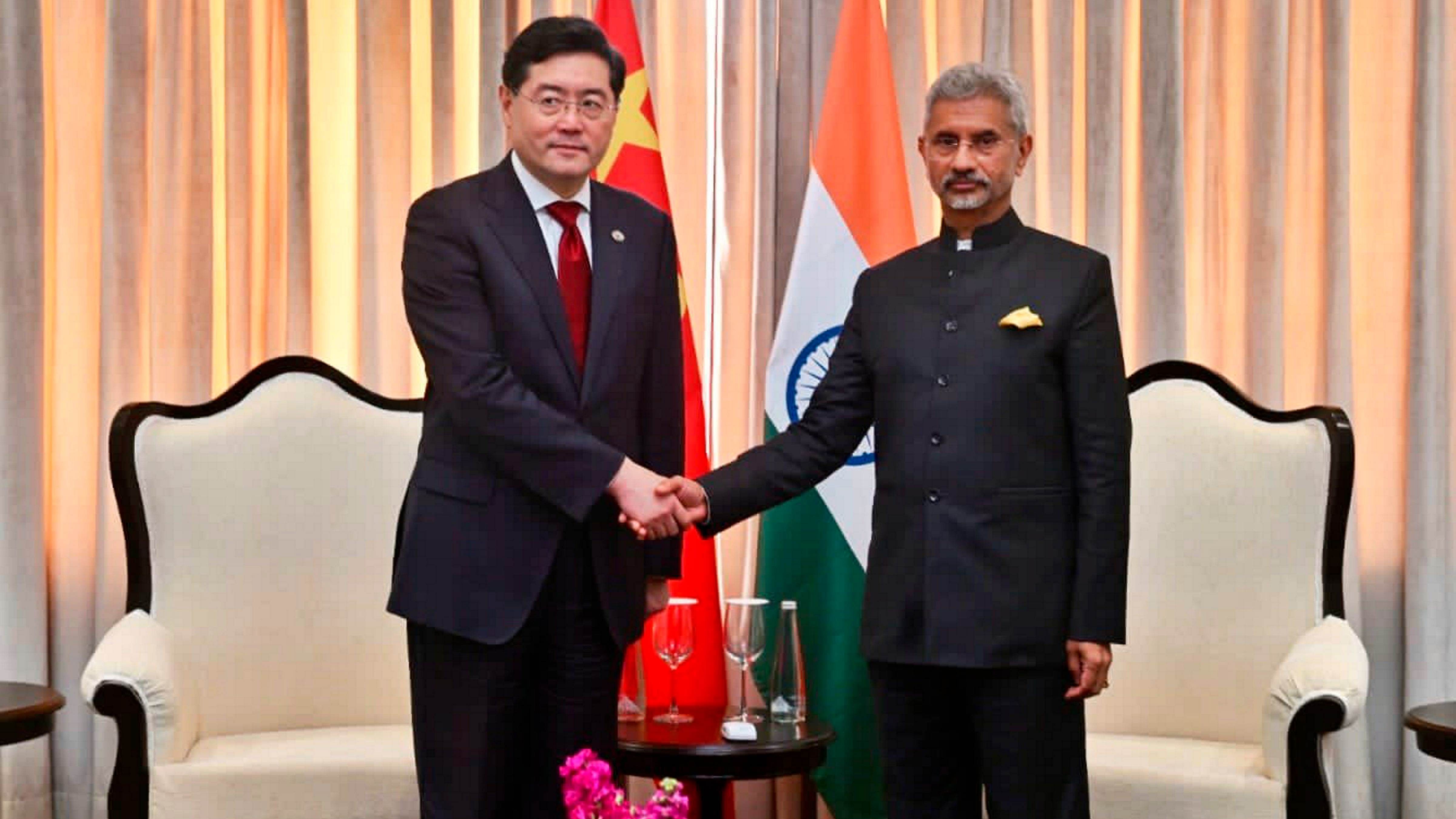 External Affairs Minister S Jaishankar with Chinese Foreign Minister Qin Gang on the sidelines of G20 Foreign Ministers' Meeting, in New Delhi, Thursday, March 2, 2023. Credit: PTI Photo